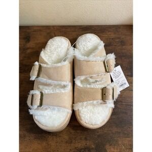 Womens Sonoma Lined Double Strap Slippers~Memory Foam~Tan/Ivory~ Size Medium 7/8